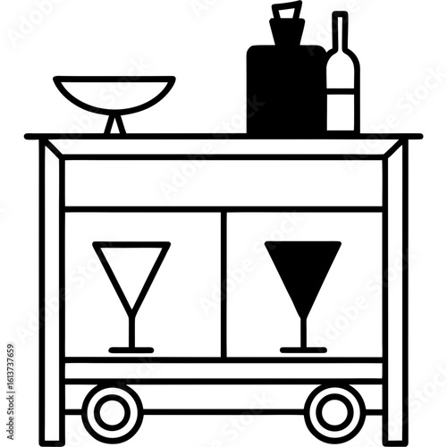 Stylish bar cart glassware, bottles, a cocktail shaker, citrus bowl, and minimal wall art behind — warm and modern.