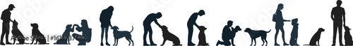 Dog training silhouette PNG – people teaching, petting, walking, rewarding dogs, obedience training poses, vector clipart bundle