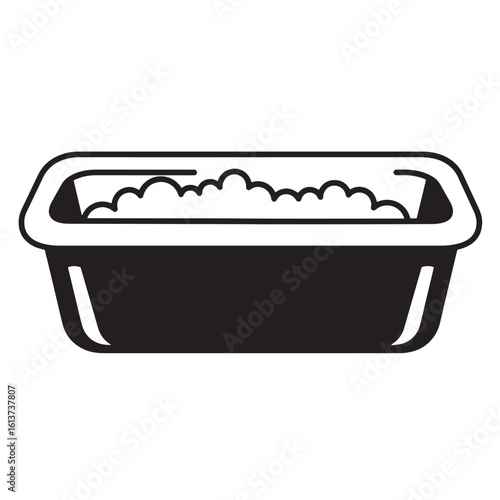 Simple black and white illustration of a washing basin filled with soapy suds