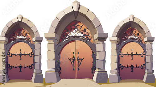 Medieval Castle Gates Collection - Isolated Fantasy Archways, Wooden Doors, and Portcullis.