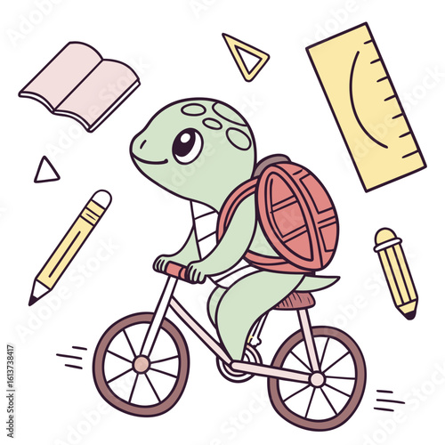 Cute SVG of a Bashful Sea turtle in Chalkboard Fun colors, featuring riding a bicycle in a Back to school setting