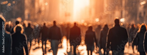 Crowd of people walking on a city street at sunset