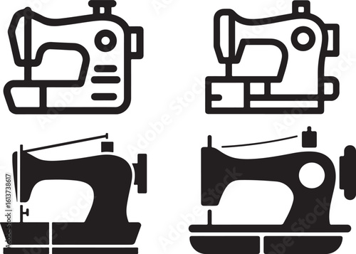 Sewing Machine Silhouette Icon Set, Vintage and Modern Styles in Black, sewing machine symbol, sewing machine symbol illustration set. 