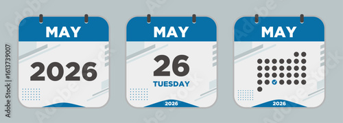 Modern Calendar icon. May. 2026 26 day. The concept of waiting for an important date. Day calendar with date May 26. Cheklist day calendar. Vector illustration