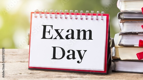 Calendar displaying Exam Day on a desk surrounded by stacked books and stationery, symbolizing preparation and anticipation for academic assessments and learning challenges