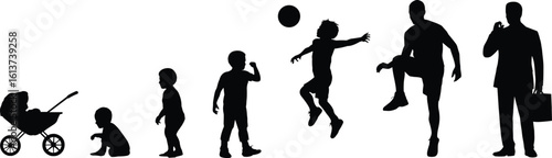 Boy to man silhouette PNG – male life stages vector with stroller, playing child, athlete, businessman, age progression chart