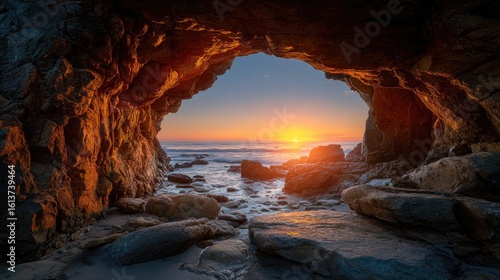 Sunrise view through coastal cave