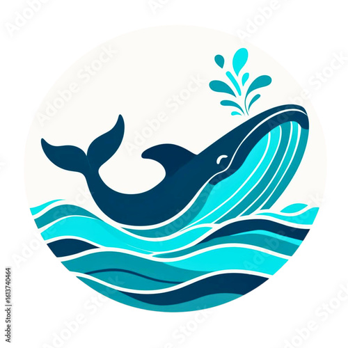 Stylized blue whale breaching and spouting water in ocean waves circular graphic