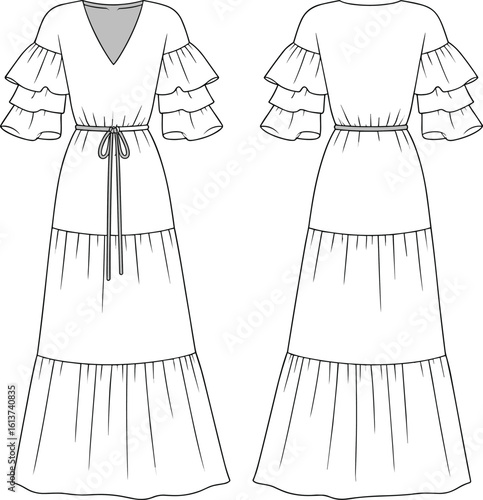 Ruffle sleeve maxi dress flat sketch, front and back view, V-neck waist tie style, CAD fashion drawing vector illustration
