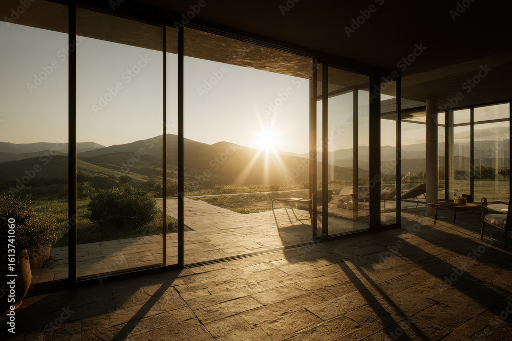 Obraz premium minimalist smart home featuring large that beautifully frame morning light