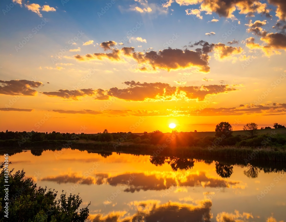 Fototapeta premium Golden sunset over tranquil lake