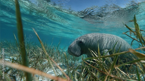   Blue sky, grass in foreground, gray elephant in water