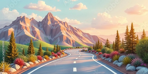 Pastel paper cut mountain road, whimsical clouds, vibrant plants, sunny landscape,  soft,  design