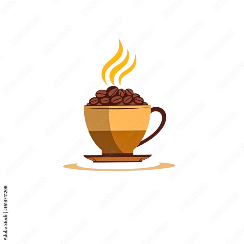 Obraz premium Stylized illustration of a coffee cup filled with roasted coffee beans and steaming aroma