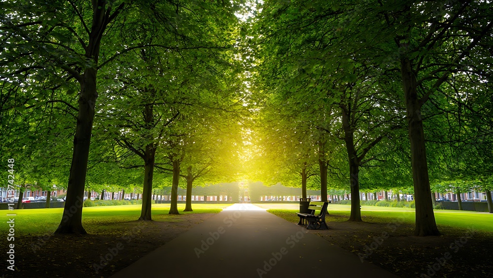 Sunlight streams through a symmetrical avenue of lush green trees in a park Sunlight streams through a symmetrical avenue of lush green trees in a park