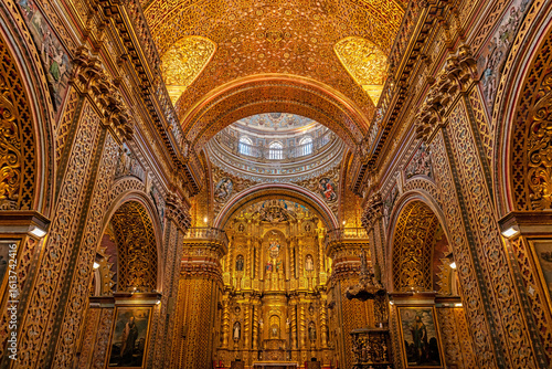 Compania de Jesus (Society of Jesus) church interior with gold decorations in baroque style, Quito, Ecuador.