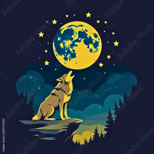 Stylized wolf howls at a large luminous moon surrounded by stars and silhouetted trees