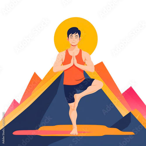 Man practicing yoga tree pose with mountains and sun in the background