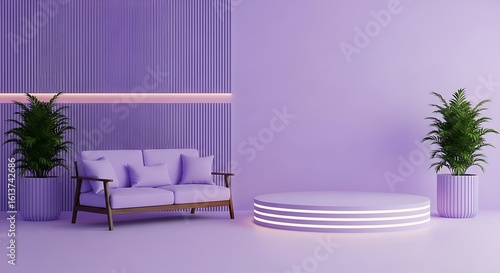 Minimalist purple interior design with plants and a product display platform