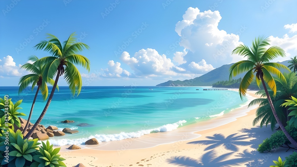 Fototapeta premium Tropical Paradise Beach with Palm Trees and Turquoise Sea