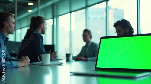 Professional team in a meeting with a laptop featuring a green screen