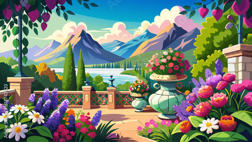 Lush floral display on a terrace with breathtaking alpine scenery