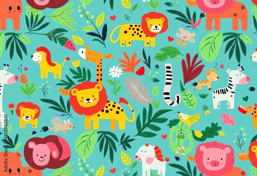 Obraz premium Whimsical repeating pattern featuring playful jungle animals in vibrant colors, cartoon, surface pattern