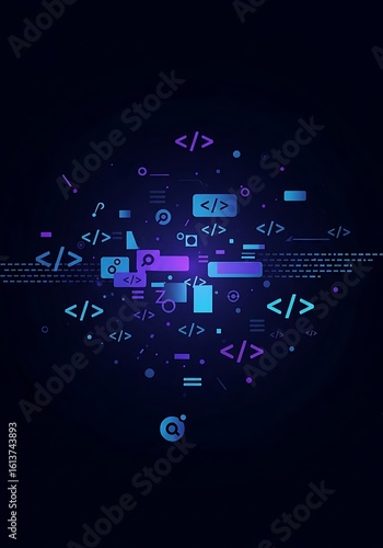 Abstract technology background with programming code elements and glowing effects
