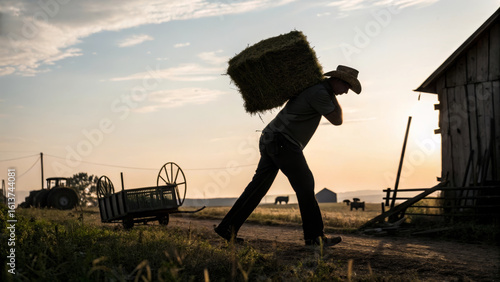 Wallpaper Mural Silhouette of farmer carrying hay bale on back at sunset, rural landscape with barn, wheelbarrow, tractor, and grazing cattle, hardworking, peaceful countryside scene Torontodigital.ca
