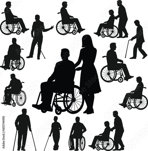 Silhouettes of disabled people in wheelchairs, caregiver assistance, elderly walking with canes, rehabilitation and mobility support concept vector illustration set