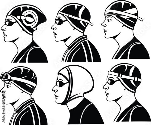 Black and white illustration of six swimmers in profile with swim caps and goggles