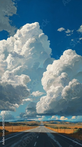 A dramatic and moody digital illustration of a powerful summer monsoon storm gathering over a lonely highway in the New Mexico high desert. Ideal for a cinematic and atmospheric phone wallpaper.