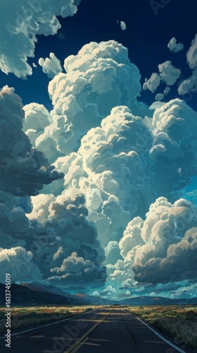 A dramatic and moody digital illustration of a powerful summer monsoon storm gathering over a lonely highway in the New Mexico high desert. Ideal for a cinematic and atmospheric phone wallpaper.