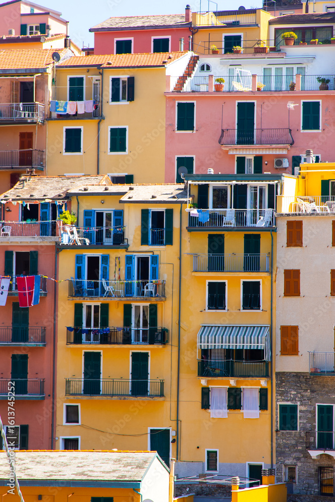 Fototapeta premium Multicolored houses on cliff edge. Manarola Italian village Cinque Terre, Liguria, Italy street city architecture windows