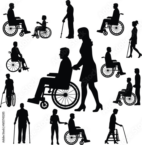 Wheelchair users, elderly with walking canes, caregiver helping disabled people, black silhouette vector illustration, disability mobility aid, medical support concept