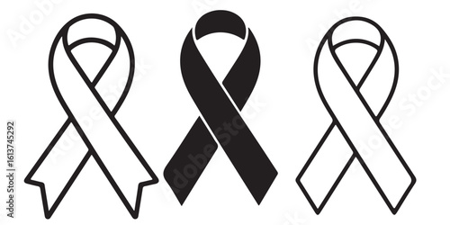 Breast cancer awareness Ribbon Icons silhouettes Set Black and White Line Art,