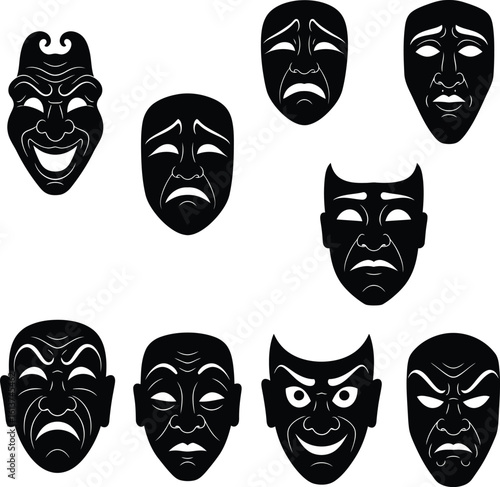 Black Theater Mask Set: Comedy, Tragedy & Expression Silhouettes – Vector Icons for Drama, Emotion & Performance Arts.