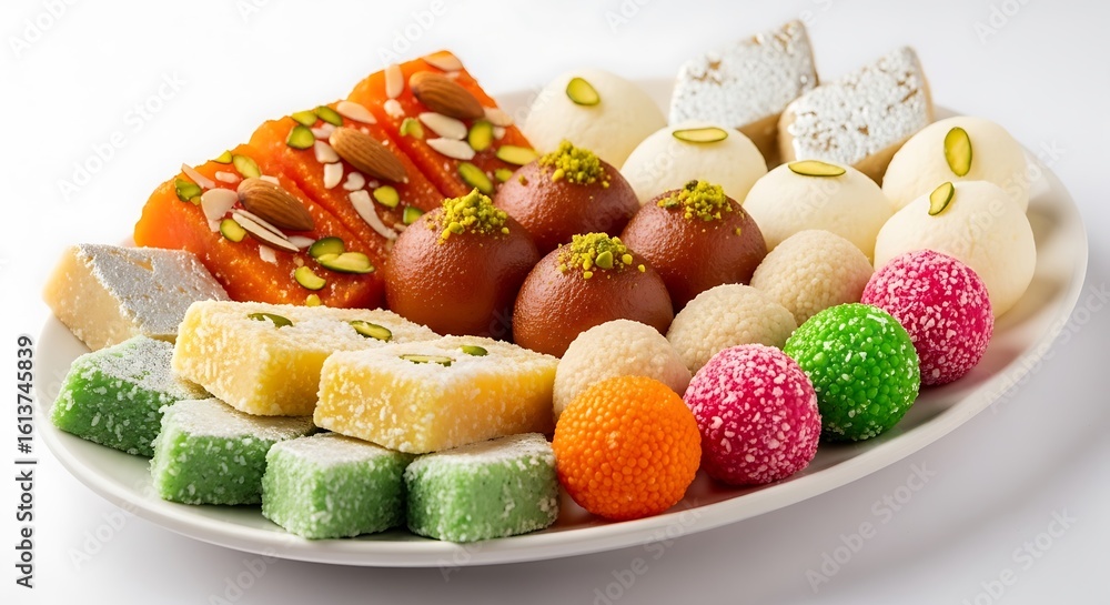 Assortment of Indian Sweets and Desserts on White Plate food Assortment of Indian Sweets and Desserts on White Plate food