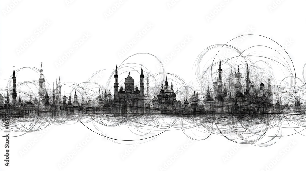 Obraz premium A monochrome image of a sprawling metropolis featuring numerous ascending structures