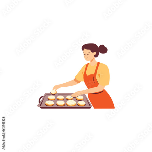 Woman arranging raw cookies on baking sheet vector illustration isolated on white background concepts for bakery shop cafe restaurant homemade food culinary