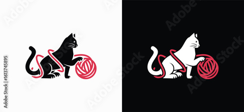 Vector design illustration of a cat silhouette playing with a ball of wool yarn