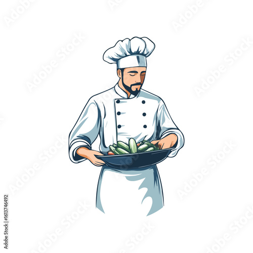 Chef holding a wok pan with vegetables vector illustration isolated on white background perfect for restaurant menu design culinary logo or food blog