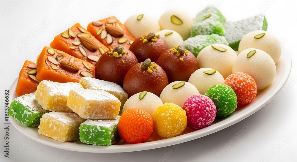 Assortment of Indian sweets including barfi and laddu on white plate dessert Assortment of Indian sweets including barfi and laddu on white plate dessert