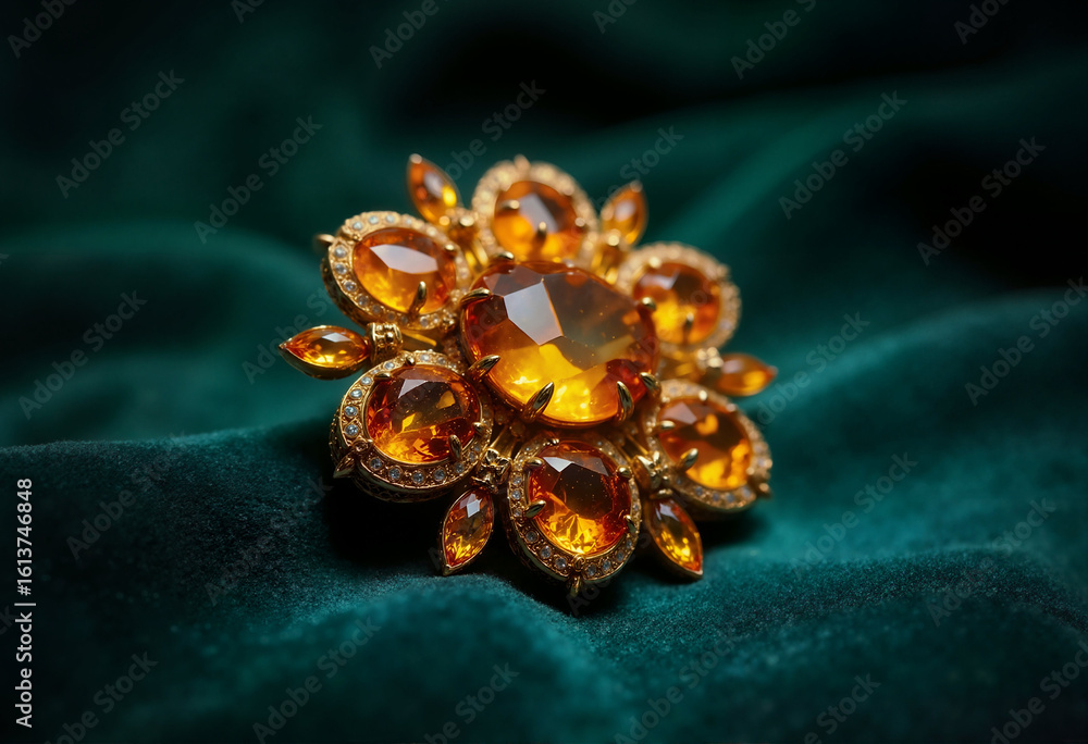 Naklejka premium Vintage Floral Brooch with Orange Citrine Gems