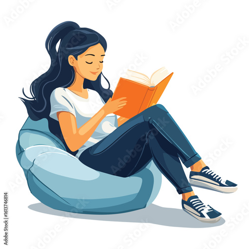 Young woman reading book sitting on bean bag chair vector illustration isolated on white background concept for print web design banner poster sticker card and
