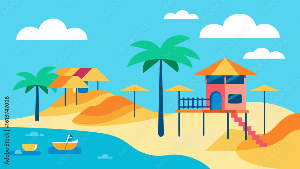 Obraz premium Tropical beach paradise with swaying palm trees, golden sand, and a clear blue ocean under the summer sun