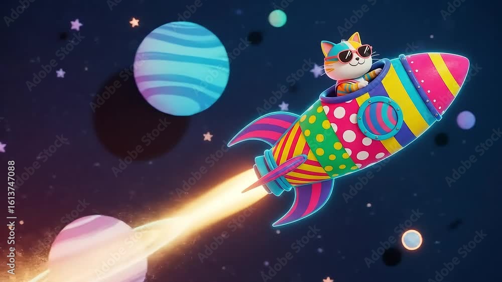 An adventurous cat character in sunglasses pilots a vibrant and colorful patterned rocket ship on a whimsical journey through outer space. An adventurous cat character in sunglasses pilots a vibrant and colorful patterned rocket ship on a whimsical journey through outer space.