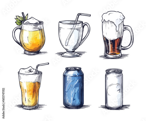 Set of hand drawn alcoholic beverages beer mug can and glass with various drinks vector illustration isolated on white background for menu design or advertising
