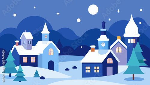 Moonlit winter village landscape with festive houses, snow-covered trees, and a distant castle illustration for a holiday card