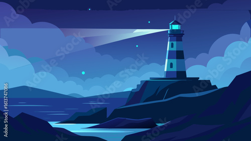 A beacon of light guides across the dark, vast sea, a solitary tower on the rugged coast under the night sky